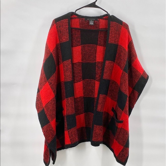 beth & Madison Jackets & Blazers - Beth Madison Red black checkered poncho cape open cardigan